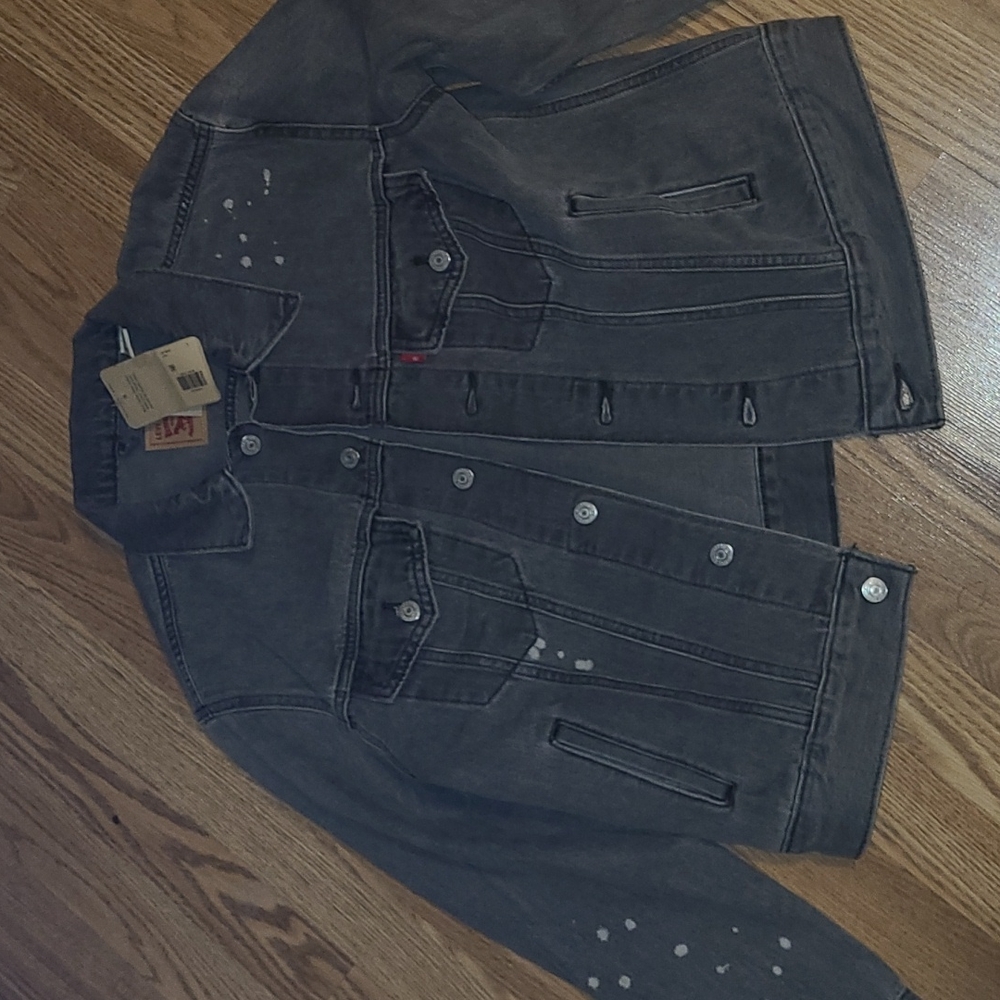 New Levi's lightly distressed paint splatter Gray denim Jean jacket size L - Picture 2 of 4